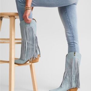 Buckle Light Blue Fringe Western Heeled Boots